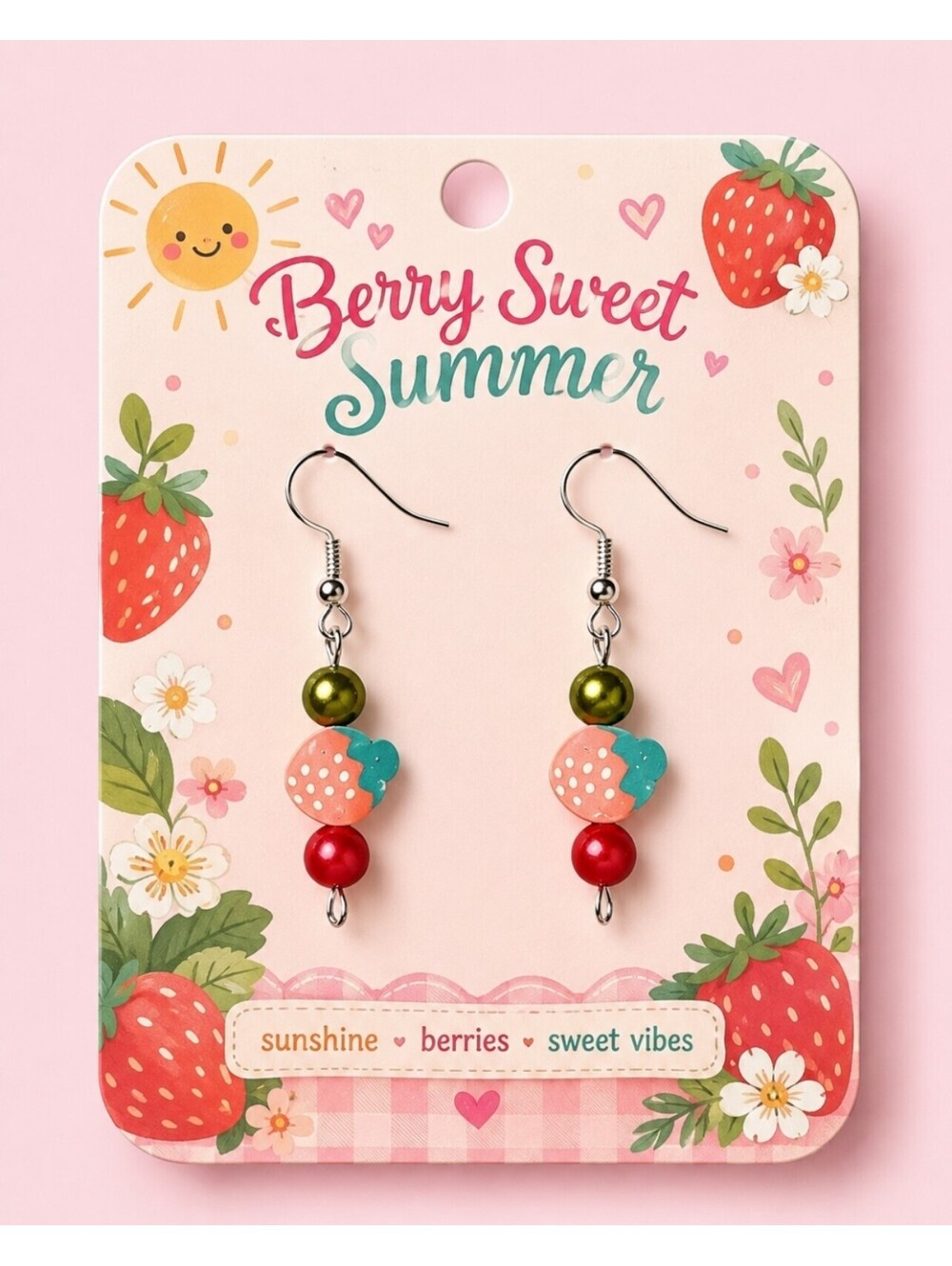 Berry Sweet Strawberry Spring Summer Bead Dangle Drop Hypoallergenic Earrings